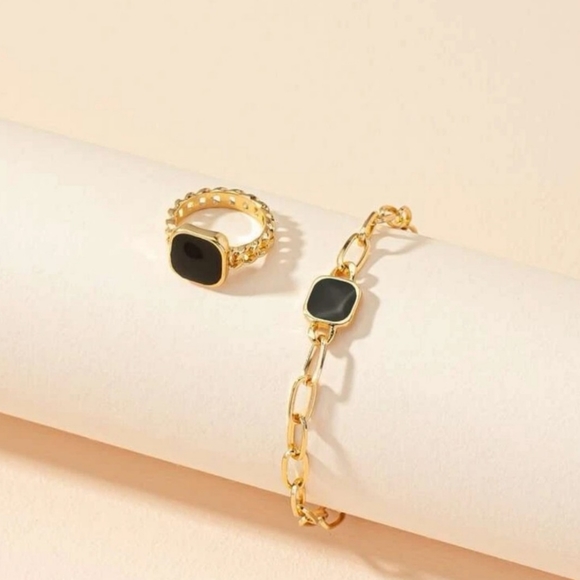 🌲Gold Bracelet & Ring Black Stone Set✨️ - Picture 2 of 9